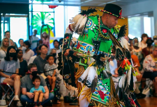 Louis Campbell of Baltimore, with the Lumbee tribe, performs during the Powwow of Arts and Culture at the Delaware Art Museum, Saturday, July 23, 2022.