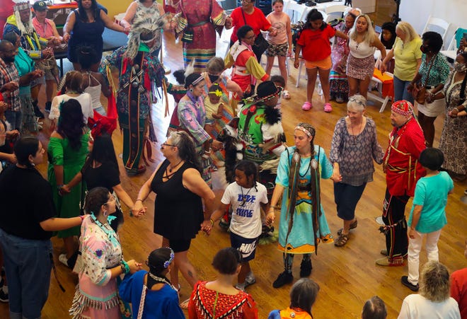 Spectators are invited to join in during a dance as part of the Powwow of Arts and Culture at the Delaware Art Museum, Saturday, July 23, 2022.